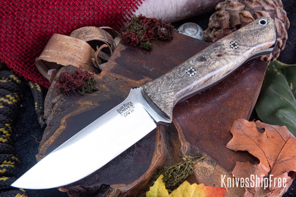 Bark River Knives: Bravo 1 - CPM 3V - California Buckeye Burl - Glow Liner - Mosaic Pins