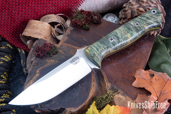 Bark River Knives: Bravo 1 - CPM 3V - Green & Gold Maple Burl - Yellow Liner - Mosaic Pins
