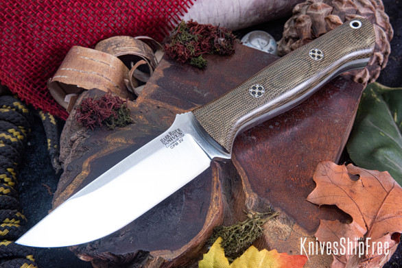 Bark River Knives: Bravo 1 - CPM 3V - Green Canvas Micarta - Glow Liner - Mosaic Pins