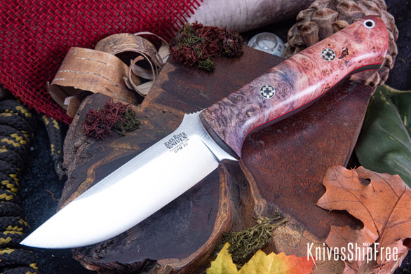 Bark River Knives: Bravo 1 - CPM 3V - Purple & Rose Maple Burl - Red Liner - Mosaic Pins