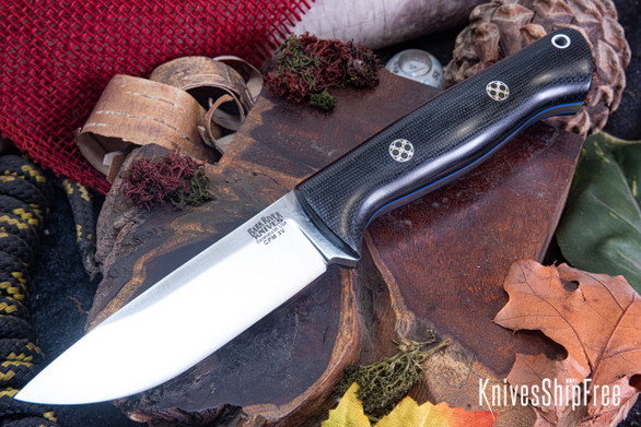 Bark River Knives: Bravo 1 - CPM 3V - Rampless - Black Canvas Micarta - Blue Liners - Mosaic Pins