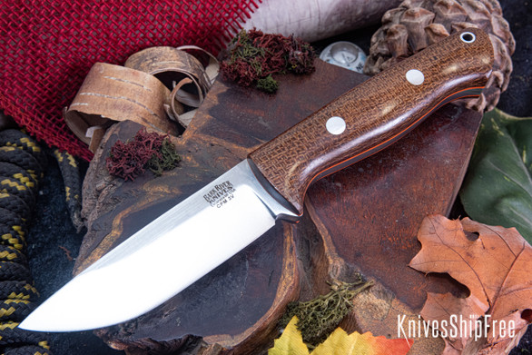 Bark River Knives: Bravo 1 - CPM 3V - Rampless - Tan Burlap Micarta - Orange Liners