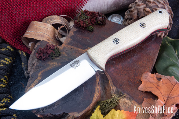 Bark River Knives: Bravo 1 - CPM 3V - Rampless - Vintage Bone Burlap Micarta - Red Liners - Mosaic Pins