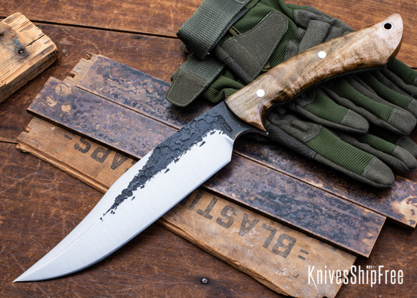 Lon Humphrey Knives: Gunfighter Bowie - Forged 52100 - Curly Maple - Black Liners - LH04MI009
