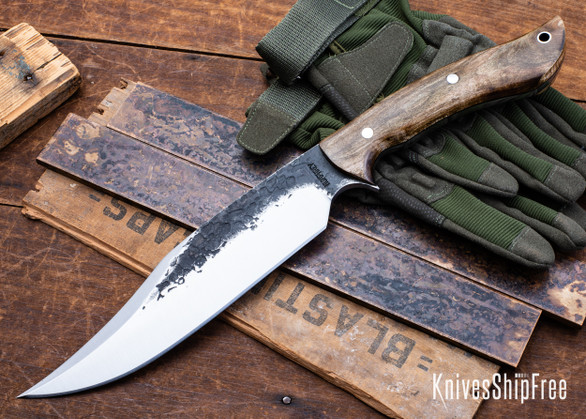 Lon Humphrey Knives: Gunfighter Bowie - Forged 52100 - Curly Maple - Black Liners - LH04MI011