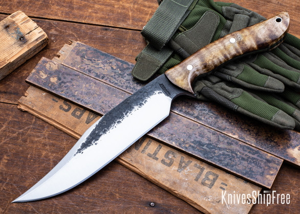 Lon Humphrey Knives: Gunfighter Bowie - Forged 52100 - Curly Maple - Black Liners - LH04MI021