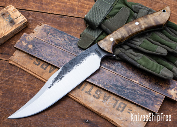Lon Humphrey Knives: Gunfighter Bowie - Forged 52100 - Curly Maple - Black Liners - LH04MI025