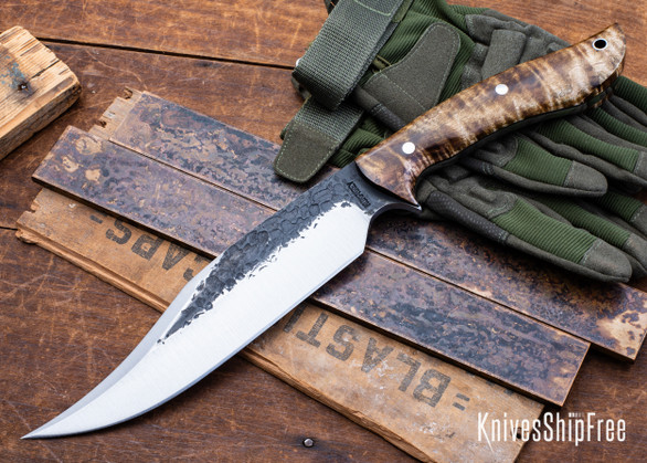 Lon Humphrey Knives: Gunfighter Bowie - Forged 52100 - Curly Maple - Black Liners - LH04MI027