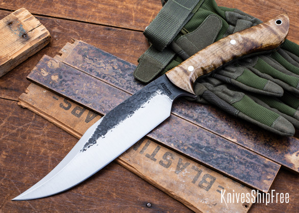 Lon Humphrey Knives: Gunfighter Bowie - Forged 52100 - Curly Maple - Black Liners - LH04MI037