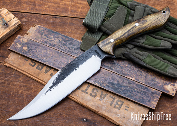 Lon Humphrey Knives: Gunfighter Bowie - Forged 52100 - Storm Sassafras - Blue Liners - LH04MI079