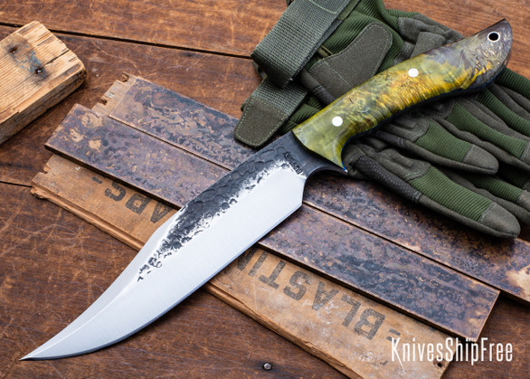 Lon Humphrey Knives: Gunfighter Bowie - Forged 52100 - Double Dyed Box Elder Burl - Blue Liners - LH04MI124