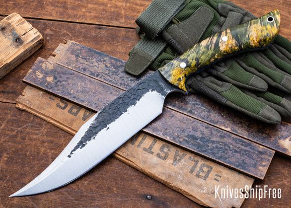 Lon Humphrey Knives: Gunfighter Bowie - Forged 52100 - Double Dyed Box Elder Burl - Blue Liners - LH04MI126