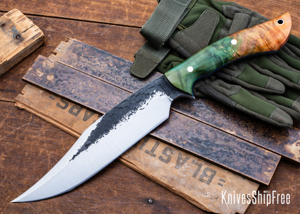 Lon Humphrey Knives: Gunfighter Bowie - Forged 52100 - Double Dyed Box Elder Burl - Blue Liners - LH04MI131