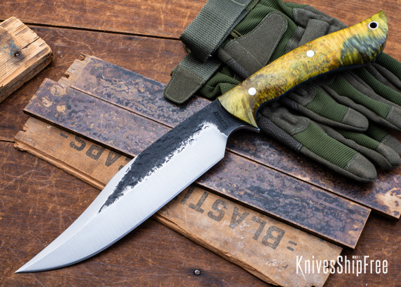 Lon Humphrey Knives: Gunfighter Bowie - Forged 52100 - Double Dyed Box Elder Burl - Blue Liners - LH04MI132