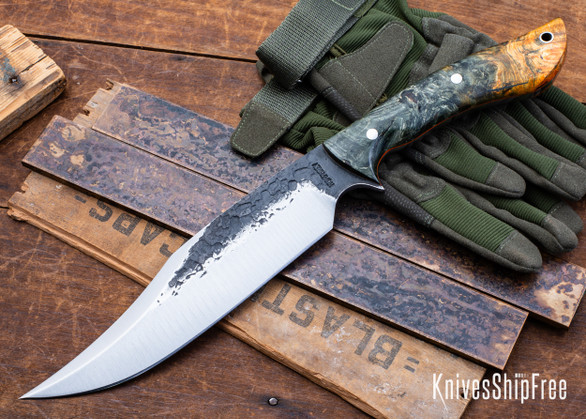 Lon Humphrey Knives: Gunfighter Bowie - Forged 52100 - Double Dyed Box Elder Burl - Orange Liners - LH04MI137