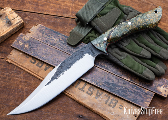 Lon Humphrey Knives: Gunfighter Bowie - Forged 52100 - Double Dyed Box Elder Burl - Red Liners - LH04MI159