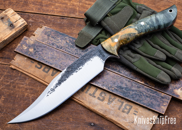 Lon Humphrey Knives: Gunfighter Bowie - Forged 52100 - Double Dyed Box Elder Burl - Red Liners - LH04MI163