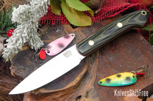 Bark River Knives: Bird & Trout - CPM 154 - Black & Green Linen Micarta - Orange Liners - Brass Pins