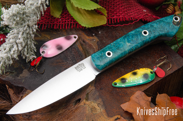 Bark River Knives: Bird & Trout - CPM 154 - Teal Maple Burl - GITD Liner - Hollow Pins