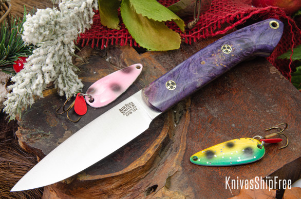 Bark River Knives: Bird & Trout - CPM 154 - Purple & Gold Maple Burl - Mosaic Pins