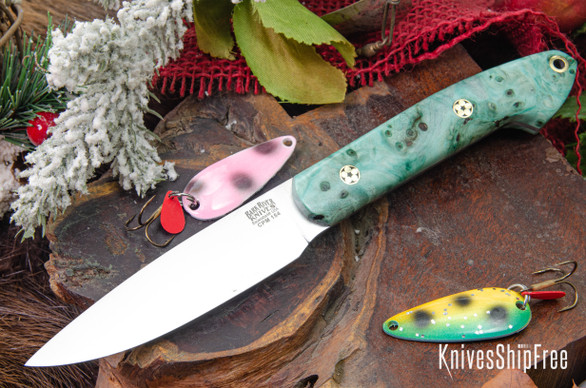 Bark River Knives: Bird & Trout - CPM 154 - Mint Green Maple Burl - Mosaic Pins