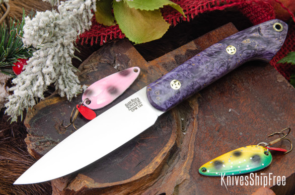 Bark River Knives: Bird & Trout - CPM 154 - Black & Purple Maple Burl - Mosaic Pins