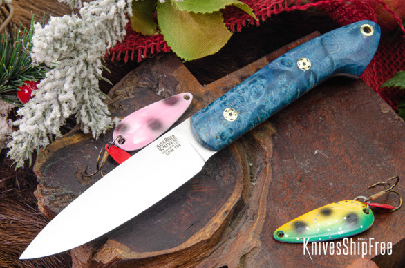 Bark River Knives: Bird & Trout - CPM 154 - Ocean Blue Maple Burl - Mosaic Pins