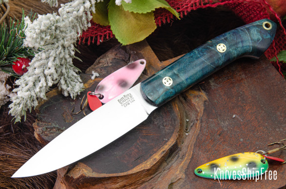 Bark River Knives: Bird & Trout - CPM 154 - Turquoise Tigertial Maple Burl - Mosaic Pins