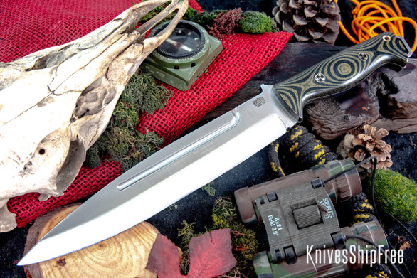 Bark River Knives: Pig Sticker - CPM-154 - Black & Green Linen Micarta - Gray Liner - Mosaic Pins