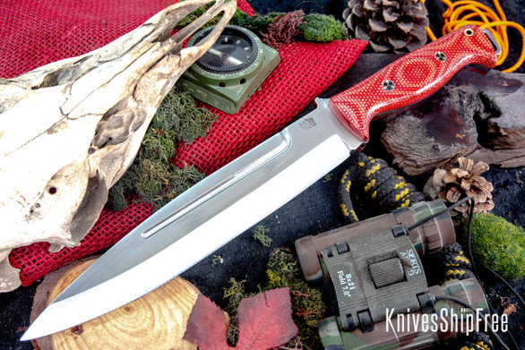 Bark River Knives: Pig Sticker - CPM-154 - Firedog Canvas Micarta - Cherry Red Liners - Mosaic Pins