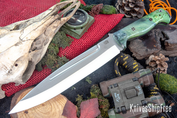 Bark River Knives: Pig Sticker - CPM-154 - Green & Gold Burl - Toxic Green Liners - Mosaic Pins