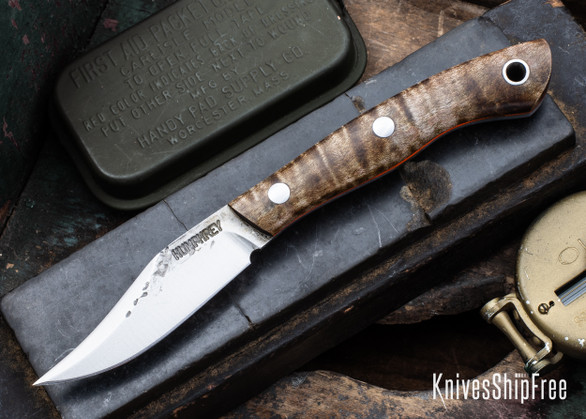 Lon Humphrey Knives: Mudbone Muskrat - Forged AEB-L - Curly Maple - Orange Liners - LH22AJ015