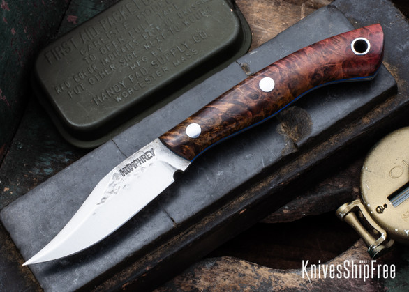 Lon Humphrey Knives: Mudbone Muskrat - Forged AEB-L - Box Elder Burl - Blue Liners - LH22AJ088