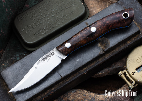 Lon Humphrey Knives: Mudbone Muskrat - Forged AEB-L - Box Elder Burl - Blue Liners - LH22AJ091