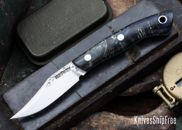 Lon Humphrey Knives: Mudbone Muskrat - Forged AEB-L - Box Elder Burl - Blue Liners - LH22AJ107