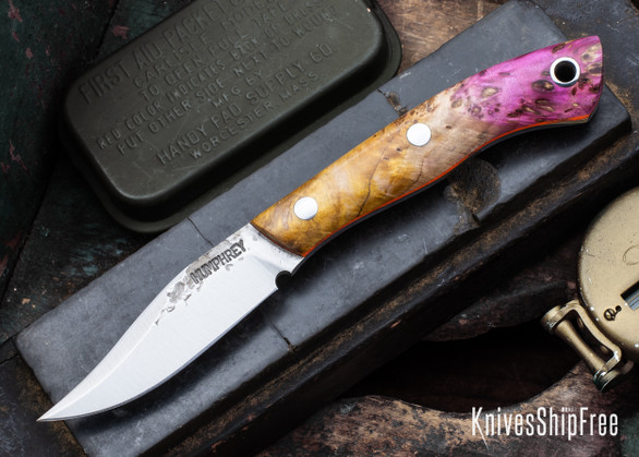 Lon Humphrey Knives: Mudbone Muskrat - Forged AEB-L - Box Elder Burl - Orange Liners - LH22AJ114