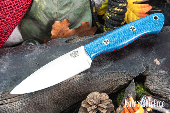 Bark River Knives: Mini Aurora - CPM 3V - Blue Denim Micarta - Red Liners - Mosaic Pins