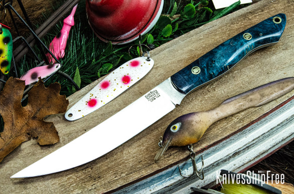 Bark River Knives: Kalahari Mini-Sportsman - CPM 154 - Sea Blue Maple Burl - White Liner - Mosaic Pins