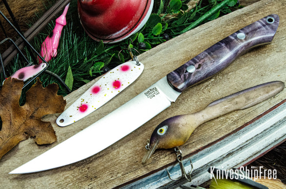 Bark River Knives: Kalahari Mini-Sportsman - CPM 154 - Gray & PurpleTigertail Maple Maple Burl