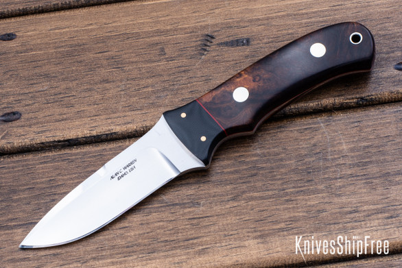 Alan Warren Custom Knives: #2582 The Roy Knife - Ironwood Burl - Black G10 Bolster w/Bronze Pins - Red G10 Liners - Nickel Silver Corby Rivets - CPM 154