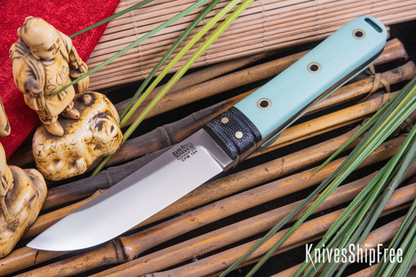 Bark River Knives: Kitsune Tanto - CPM 154 - Black Canvas Bolster - Sea Blue G-10 - Hollow Brass Pins - Matte