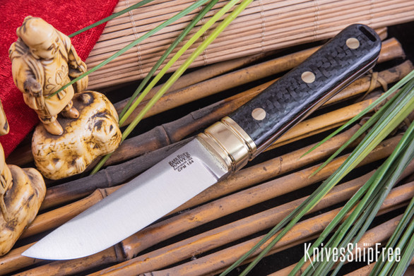 Bark River Knives: Kitsune Tanto - CPM 154 - Brass Bolster - Black Carbon Fiber - Red & White Liners