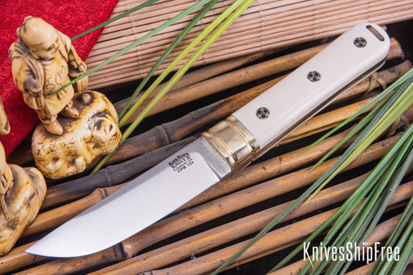 Bark River Knives: Kitsune Tanto - CPM 154 - Brass Bolster - Bone White Micarta - Mosaic Pins