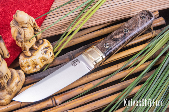 Bark River Knives: Kitsune Tanto - CPM 154 - Brass Bolster - Tan Maple Burl - Black Liner - Mosaic Pins