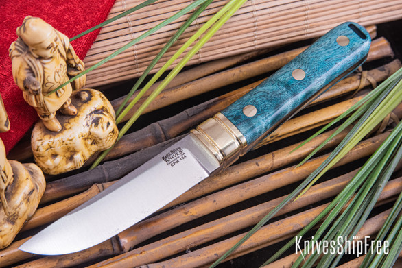 Bark River Knives: Kitsune Tanto - CPM 154 - Brass Bolster - Teal Tigertail Maple Burl