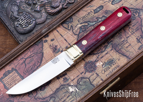 Bark River Knives: Kitsune Tanto - CPM 154 - Brass Bolster - Red Tigertail Maple Burl - Mosaic Pins