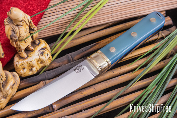 Bark River Knives: Kitsune Tanto - CPM 154 - Brass Bolster - Ghost Green Jade G-10 - Blue Liners