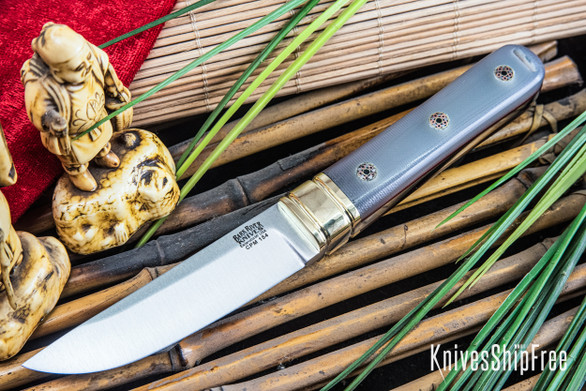 Bark River Knives: Kitsune Tanto - CPM 154 - Brass Bolster - Ghost Green Jade G-10 - Red Liners - Mosaic Pins