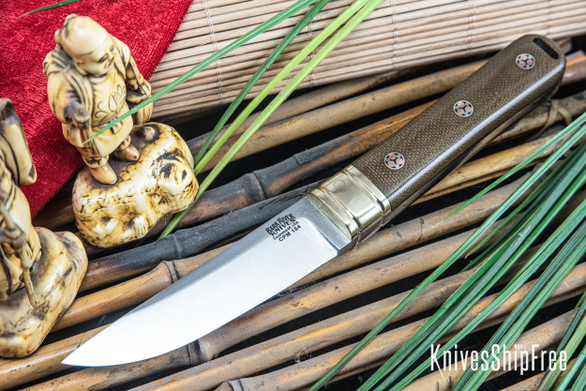 Bark River Knives: Kitsune Tanto - CPM 154 - Brass Bolster - Green Canvas Micarta - Black Liners - Mosaic Pins