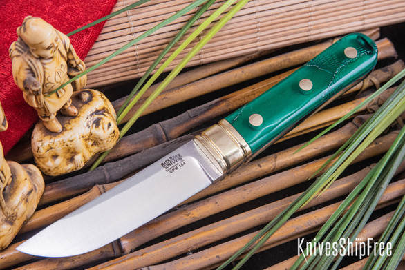 Bark River Knives: Kitsune Tanto - CPM 154 - Brass Bolster - Green Cyclone Mesh - Green Liners